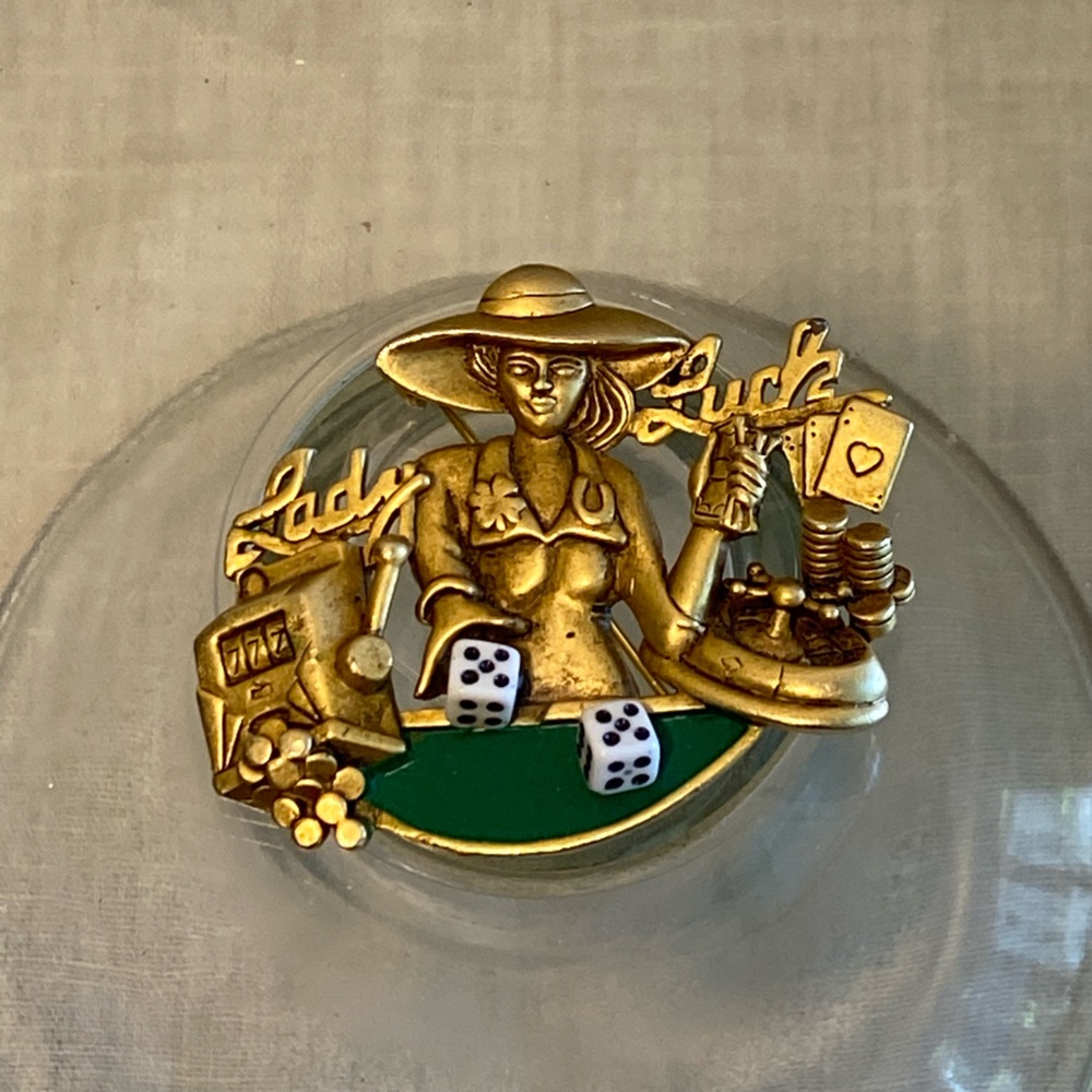 Signed AJC Vintage 1980s Gambling Lady Dice Pin Vegas Brooch